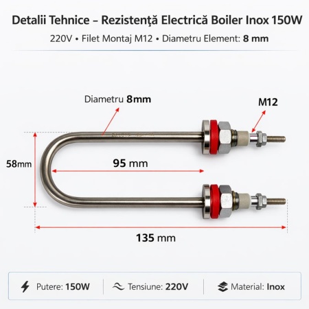 Rezistenta Boiler Inox 150W 220V Filet M12 Element 8mm Tip U - Img 2