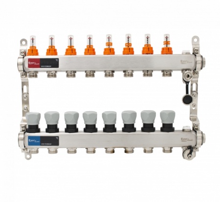 Set distribuitor inox cu debitmetre, aerisitor manual si robineti de golire 1"- 8 cai