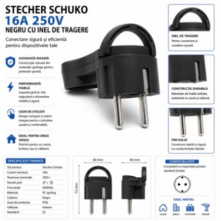 Stecher Schuko 16A 250V Negru cu Inel Tragere Profil Redus - Img 2