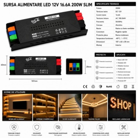Sursa Alimentare LED 12V 200W 16.6A Slim cu Conectare Rapida Push-In, Carcasa Aluminiu - Img 2