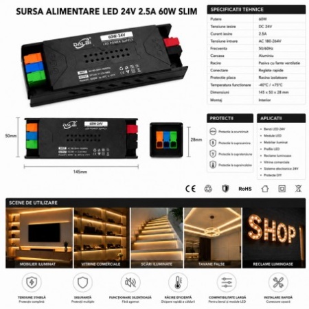 Sursa Alimentare LED 24V 60W 2.5A Slim cu Conectare Rapida Push-In - Img 3