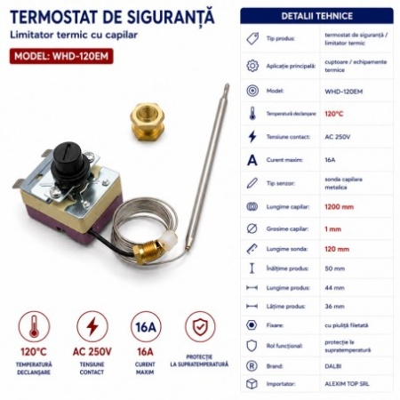 Termostat de Siguranta 120°C cu Capilar 250V 16A WHD-120EM - Img 2