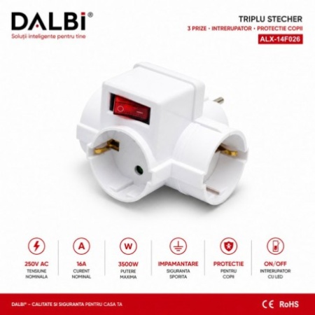 Triplu Stecher 3 Prize Compact 16A 250V cu Intrerupator si Protectie Copii - Img 2