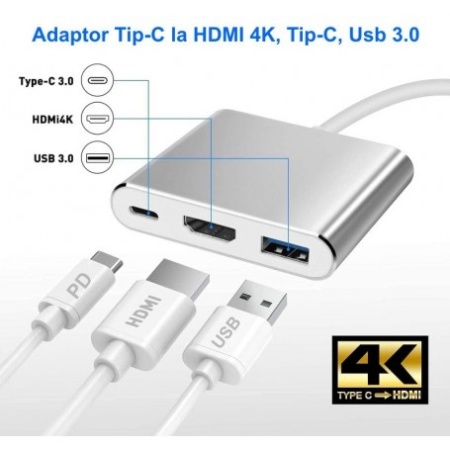 Adaptor 3 in 1 Video Usb Tip-C la HDMI 4K - Usb 3.0- Usb Tip-C - Img 3