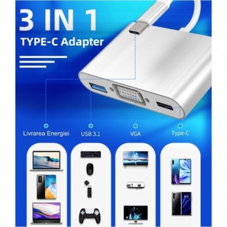 Adaptor 3 in 1 Video Usb Tip-C la VGA-Usb 3.0- Usb Tip-C - Img 4