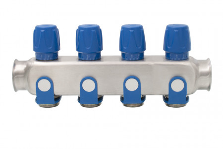 Distribuitor inox 4 cai cu robineti albastru 1"x 3/4"