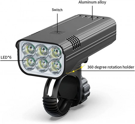 Far aliaj 6 LED, 450 lumeni, 5 moduri luminare, capacitate baterie 5200 mAh - Img 3