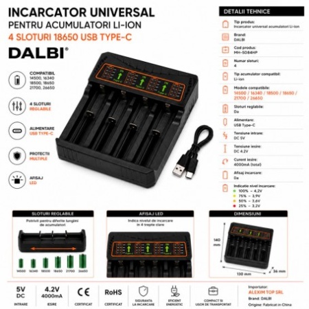 Incarcator Universal pentru Acumulatori Li-ion 4 Sloturi 18650 USB Type-C - Img 2
