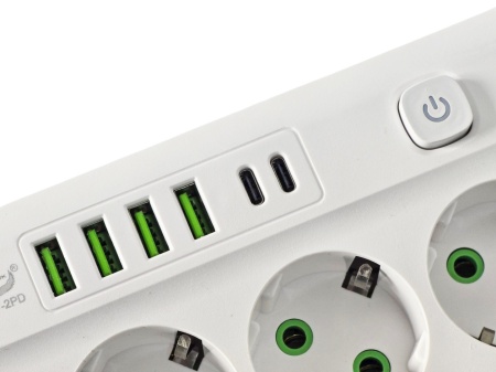 Prelungitor 3 metri cu 4 prize, 4 porturi USB + 2 port Type-C, 2500W si intrerupator de protectie, alb - Img 2