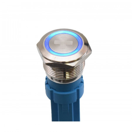 Push buton 5-24V / 19mm cu LED albastru si simbol -