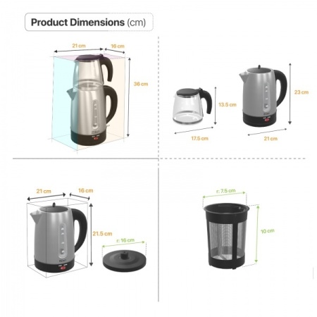 Set fierbator electric + ceainic FLORIA ZLN-3581 - 2200W, inox/ negru, 1.7L + 0.9L - Img 2