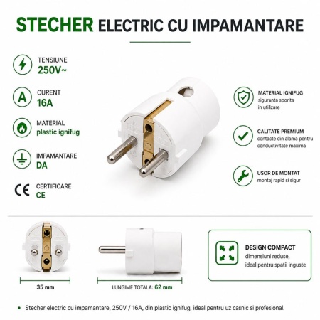 Stecher Electric 16A 250V cu Impamantare si Iesire Laterala - Img 2