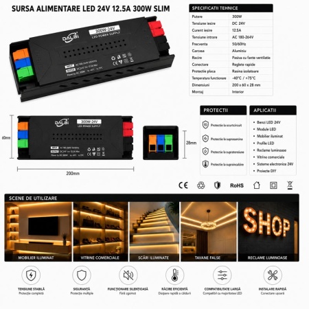 Sursa Alimentare LED 24V 300W 12.5A Slim cu Conectare Rapida Push-In - Img 3