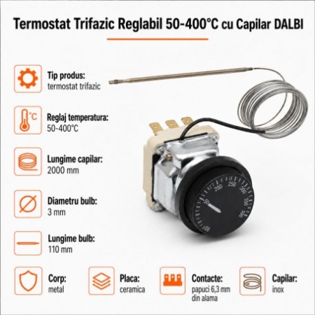 Termostat Trifazic Reglabil 50-400°C cu Capilar - Img 2