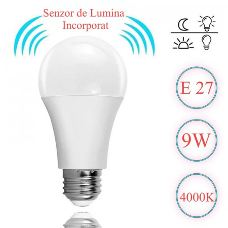 Bec cu LED si Senzor de Lumina E27 - 9W