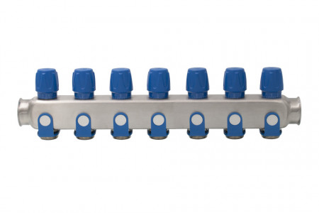 Distribuitor inox 7 cai cu robineti albastru 1"x 3/4"