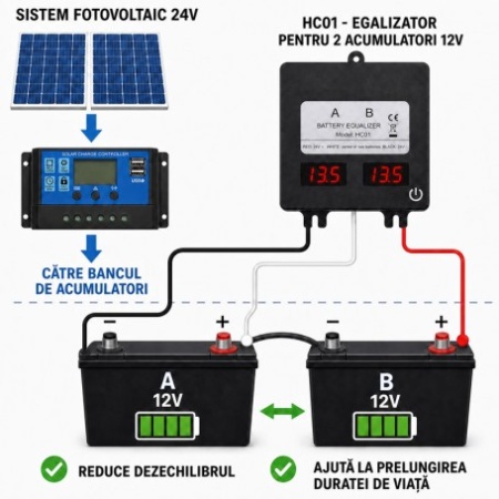 Egalizator Acumulatori 24V cu Afișaj Dublu LED pentru 2 Baterii 12V HC01 - Img 2