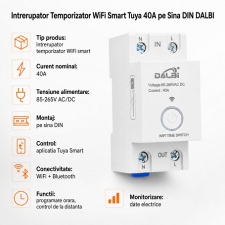 Intrerupator Temporizator WiFi Smart Tuya 40A pe Sina DIN - Img 2