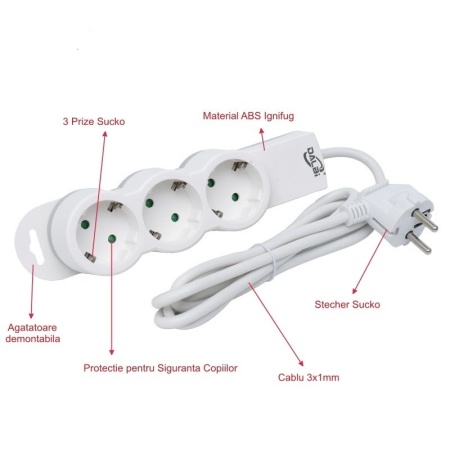 Prelungitor Electric 3 Prize si Protectie Copii, Cablu 3x1mm - Img 3