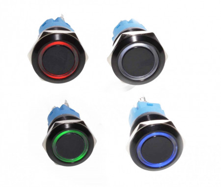 Push buton fara retinere negru 19mm / 12V cu LED: alb, albastru negru sau rosu