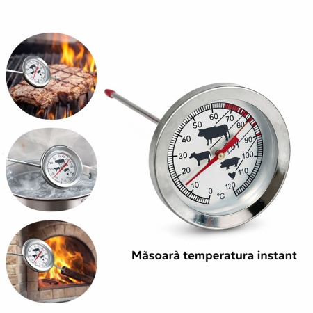Termometru Metalic Analog cu Tija 0–120 grade Celsius pentru Gratar, Cuptor si Afumatoare - HoReCa - Img 2