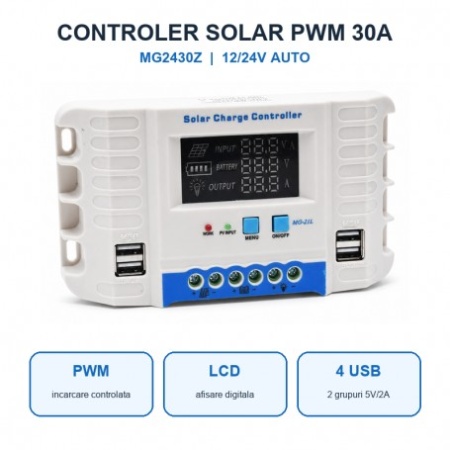 Controler Incarcare Solara PWM 30A, 12/24V Auto, LCD si 4 USB, MG2430Z - Img 3
