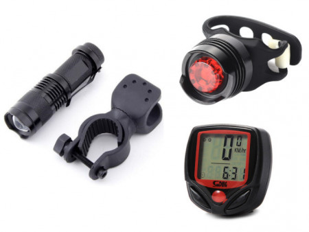 Far fata 300Lm, stop spate ruby, ciclocomputer, set complet bicicleta, negru - Img 2