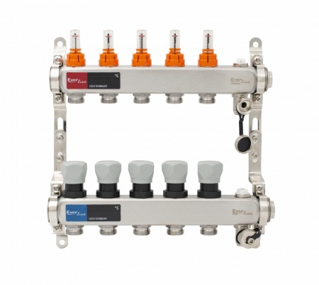 Set distribuitor inox cu debitmetre, aerisitor manual si robineti de golire 1"- 5 cai