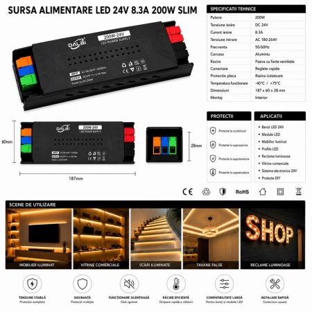 Sursa Alimentare LED 24V 200W 8.3A Slim cu Conectare Rapida Push-In - Img 3