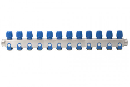 Distribuitor inox 12 cai cu robineti albastru 1"x 3/4"