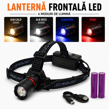 Lanterna Frontala LED 4 Culori Alb Cald Alb Rece Albastru Rosu Acumulator 18650 USB-C Zoom - Img 2