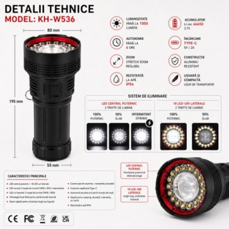Lanterna Profesionala LED Ultra Puternica cu LED Central Laser, 19 LED-uri, Acumulator 44650, Incarcare Type-C KH-W536 - Img 6