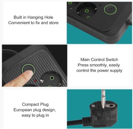 Prelungitor 3 metri cu 6 prize, 4 porturi USB + 1 Type C, 2500W si intrerupator pentru protectie - Img 2