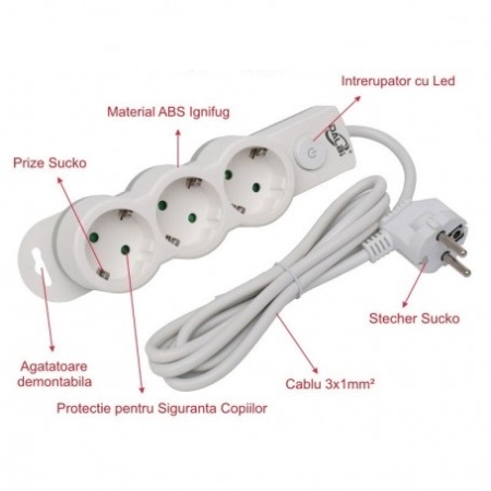 Prelungitor Electric cu Intrerupator, 3 Prize si Protectie Copii, Cablu 3x1mm - Img 6