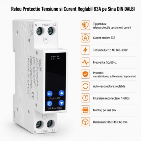 Releu Protectie Tensiune si Curent Reglabil 63A pe Sina DIN - Img 2