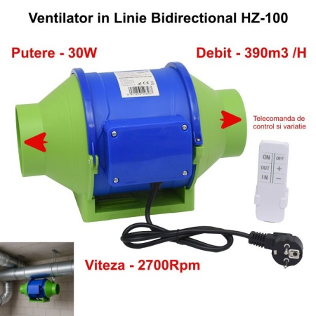 Ventilator Booster 4'' ( 100mm ) in linie bidirectional, cu Telecomanda - Montaj pe Tubulatura HZ-100H - Img 6