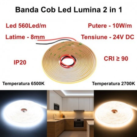 Banda Led Cob 560D/m - Lumina 2 in 1 Alb 2700K-6500K - 24V/2 Fire - 8mm - 10W/m - RA 90, Protectie IP20 - Rola/5m - Img 4