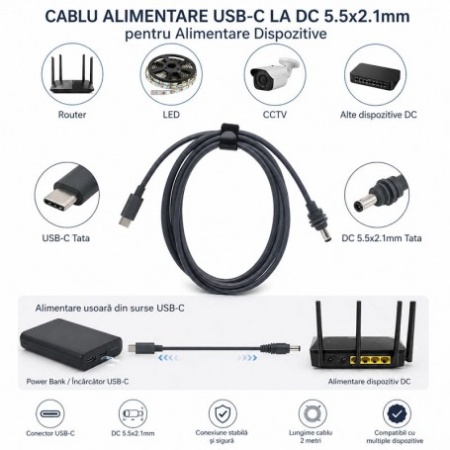Cablu Alimentare USB-C Tata la DC 5.5x2.1mm pentru Router, LED si CCTV 2m - Img 2