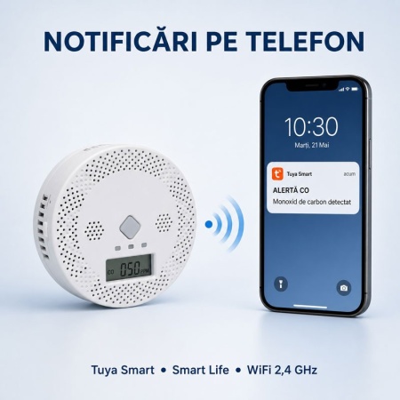 Detector Monoxid de Carbon WiFi cu Notificări pe Telefon și LCD CO400A - Img 2