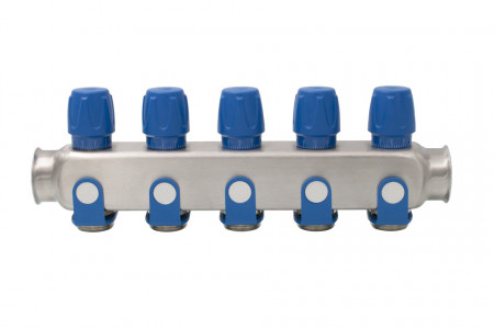 Distribuitor inox 5 cai cu robineti albastru 1"x 3/4"