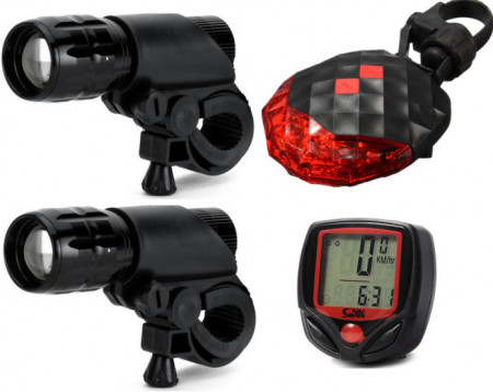 Doua faruri fata alloy focus zoom, stop spate laser, ciclocomputer, set complet bicicleta, negru