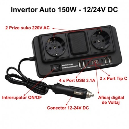 Invertor Auto de Tensiune 500W - 12/24V DC la 2 x 220V AC cu 4 x Usb 3.1 si 2 x Tip C - Img 6