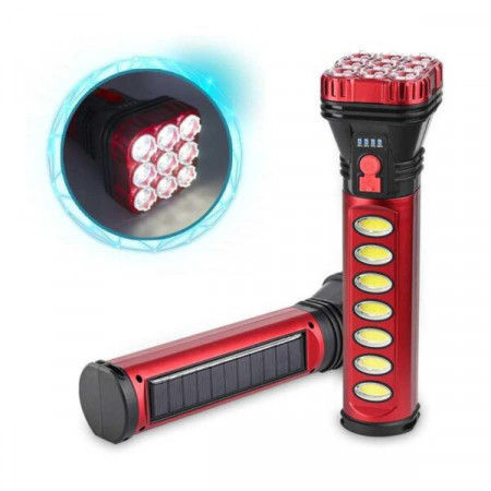 Lanterna portabila LED, Incarcare Solara sau USB, Lumina laterala COB, Nivel baterie, 24 cm, Culoare Rosu - Img 3