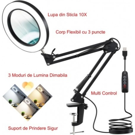 Lupa10X din sticla cu cleste de prindere si lumina in 3 culori reglabila - Img 2