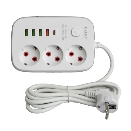 Prelungitor Multifunctional 3 prize - 2m cu 4 x USB 2,1A - PD si Intrerupator - Img 3