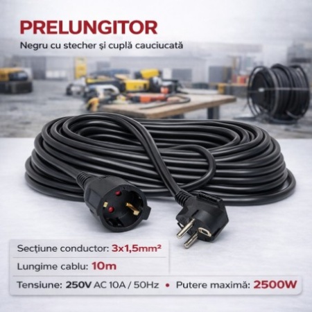 Prelungitor negru 3x1,5mm², lungime 10m, cu stecher si cupla cauciucata, 250V AC 10A, 2500W - Img 3