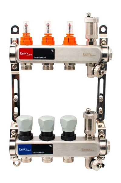 Set distribuitor inox cu debitmetre, aerisitor automat si robineti de golire 1"- 3 cai