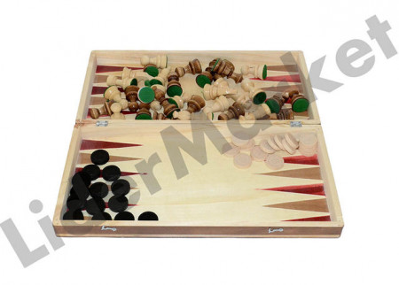 Set joc table si sah din lemn lacuit 44 x 22 cm cu piese incluse