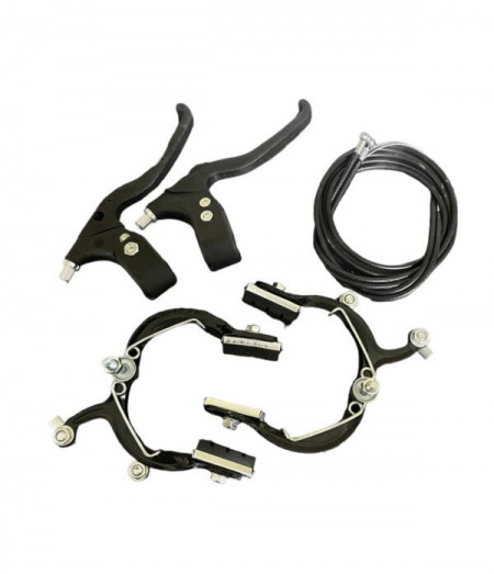 Set potcoava complet sistem franare, fata-spate ,include- cabluri de frana cu camasi ,manete din plastic , potcoave cu saboti pe filet