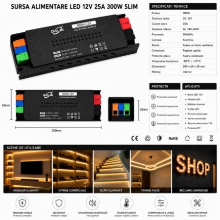 Sursa Alimentare LED 12V 300W 25A Slim cu Conectare Rapida Push-In, Carcasa Aluminiu - Img 2